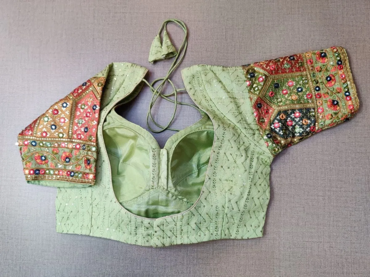 50w211-RO  Pastel Green Blouse With Embroidered sleeves