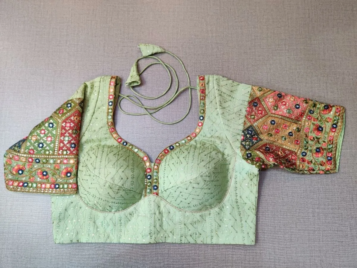 50w211-RO  Pastel Green Blouse With Embroidered sleeves