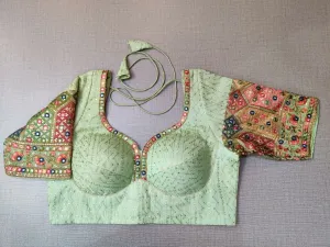 50w211-RO  Pastel Green Blouse With Embroidered sleeves
