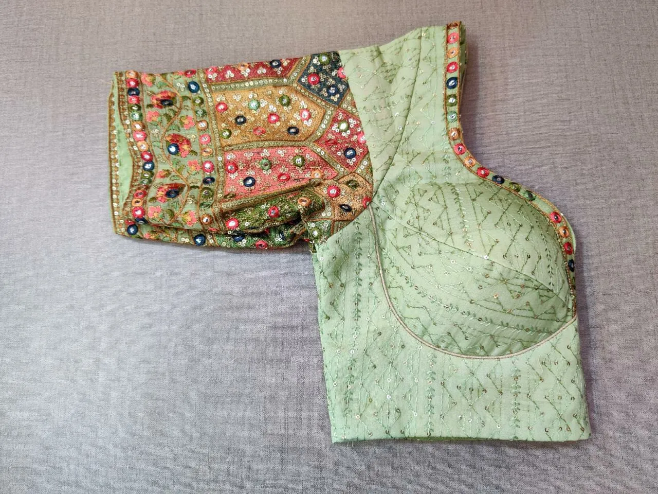 50w211-RO  Pastel Green Blouse With Embroidered sleeves