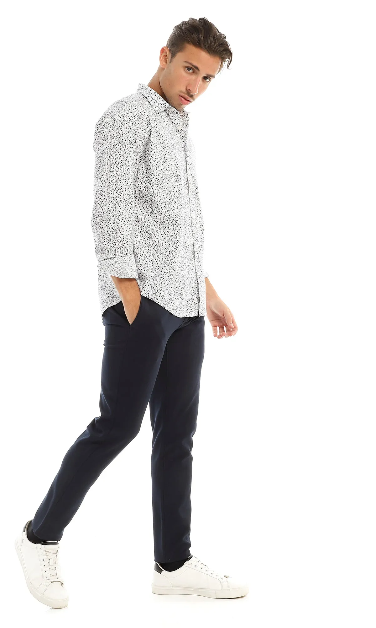 97822 Dots Pattern Full Buttoned White & Navy Blue Shirt