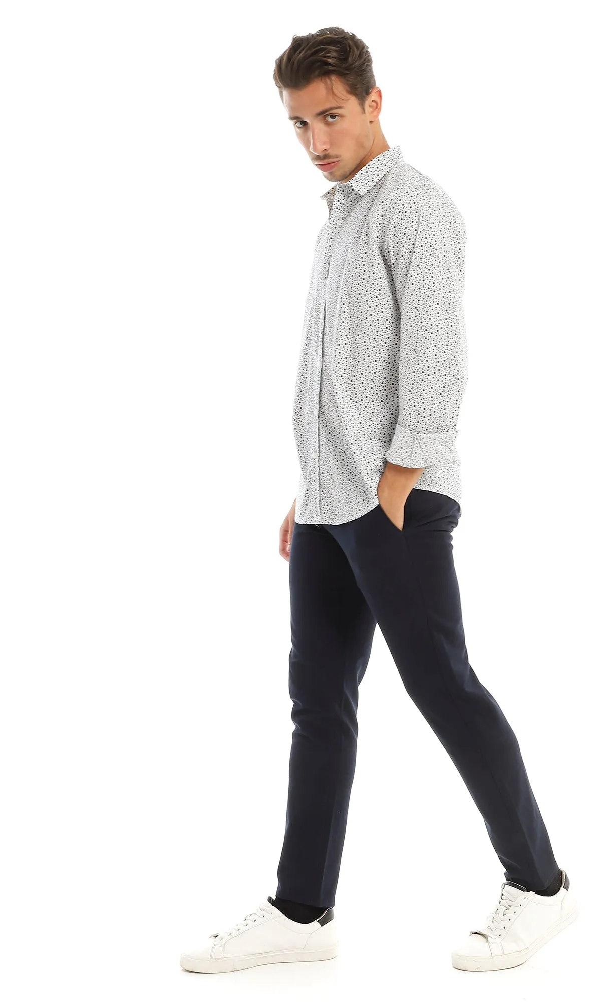 97822 Dots Pattern Full Buttoned White & Navy Blue Shirt