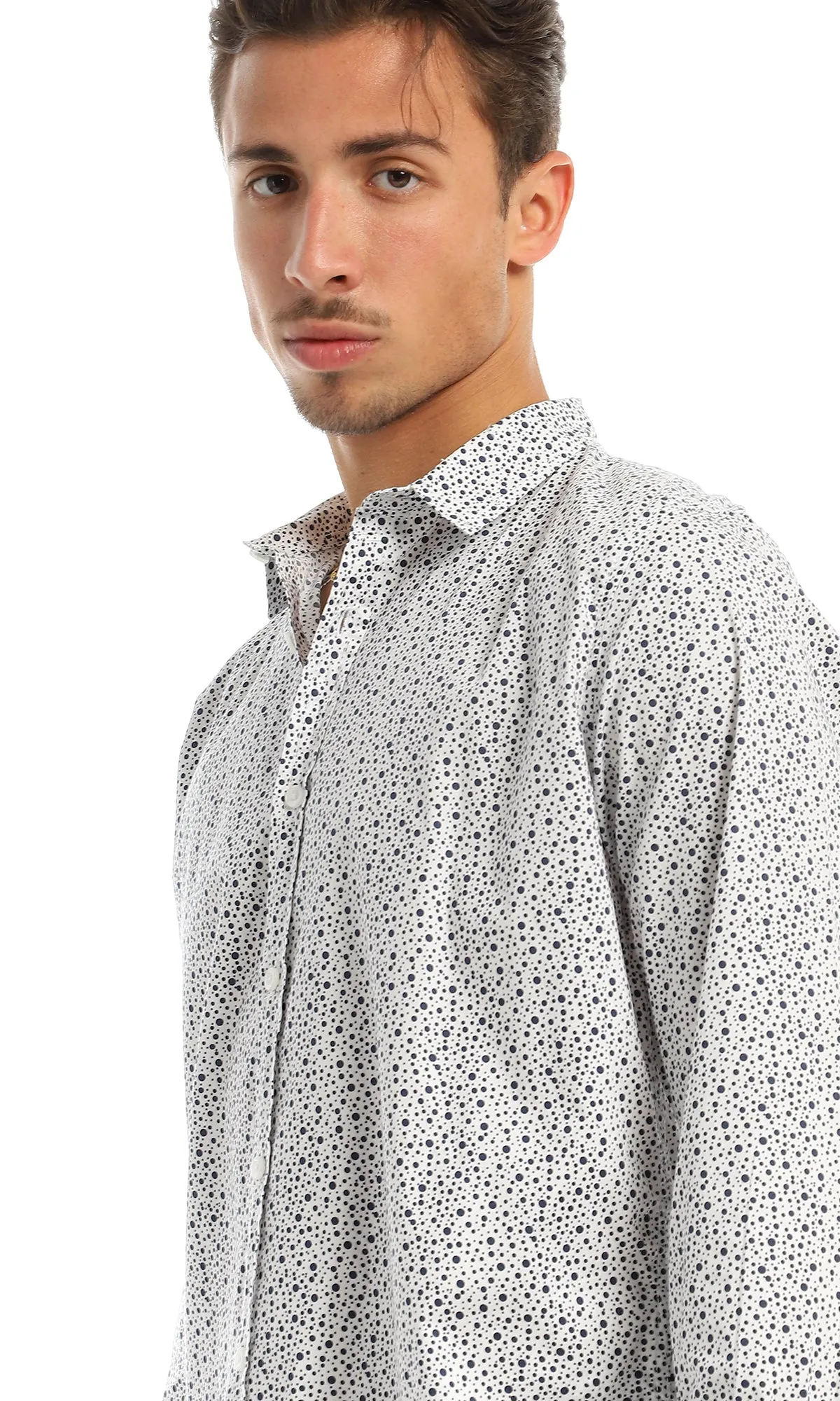 97822 Dots Pattern Full Buttoned White & Navy Blue Shirt