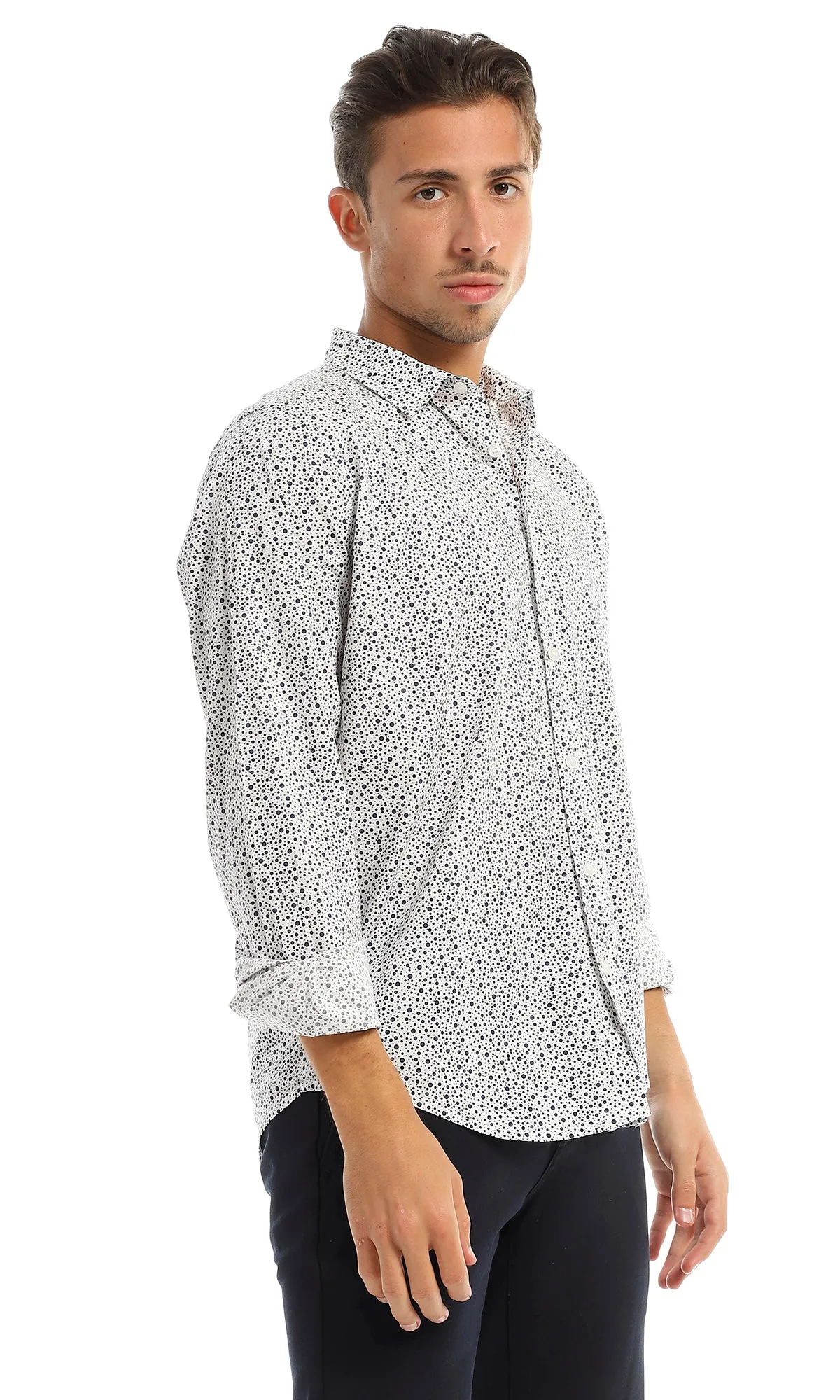 97822 Dots Pattern Full Buttoned White & Navy Blue Shirt