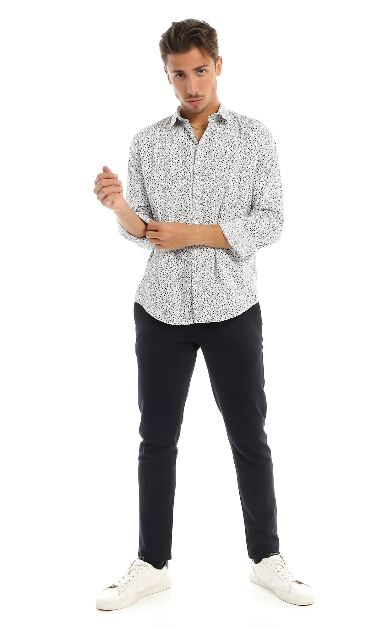 97822 Dots Pattern Full Buttoned White & Navy Blue Shirt