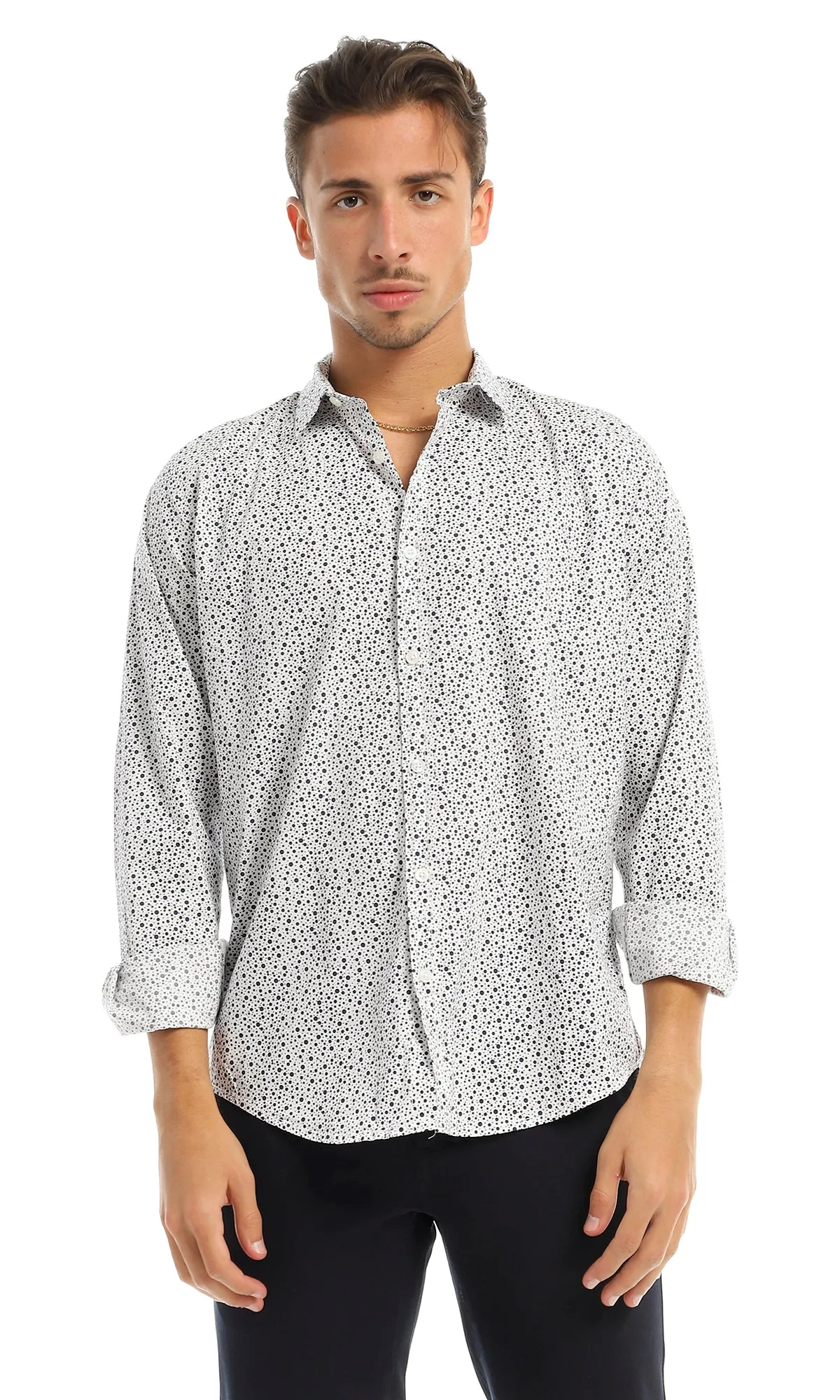 97822 Dots Pattern Full Buttoned White & Navy Blue Shirt