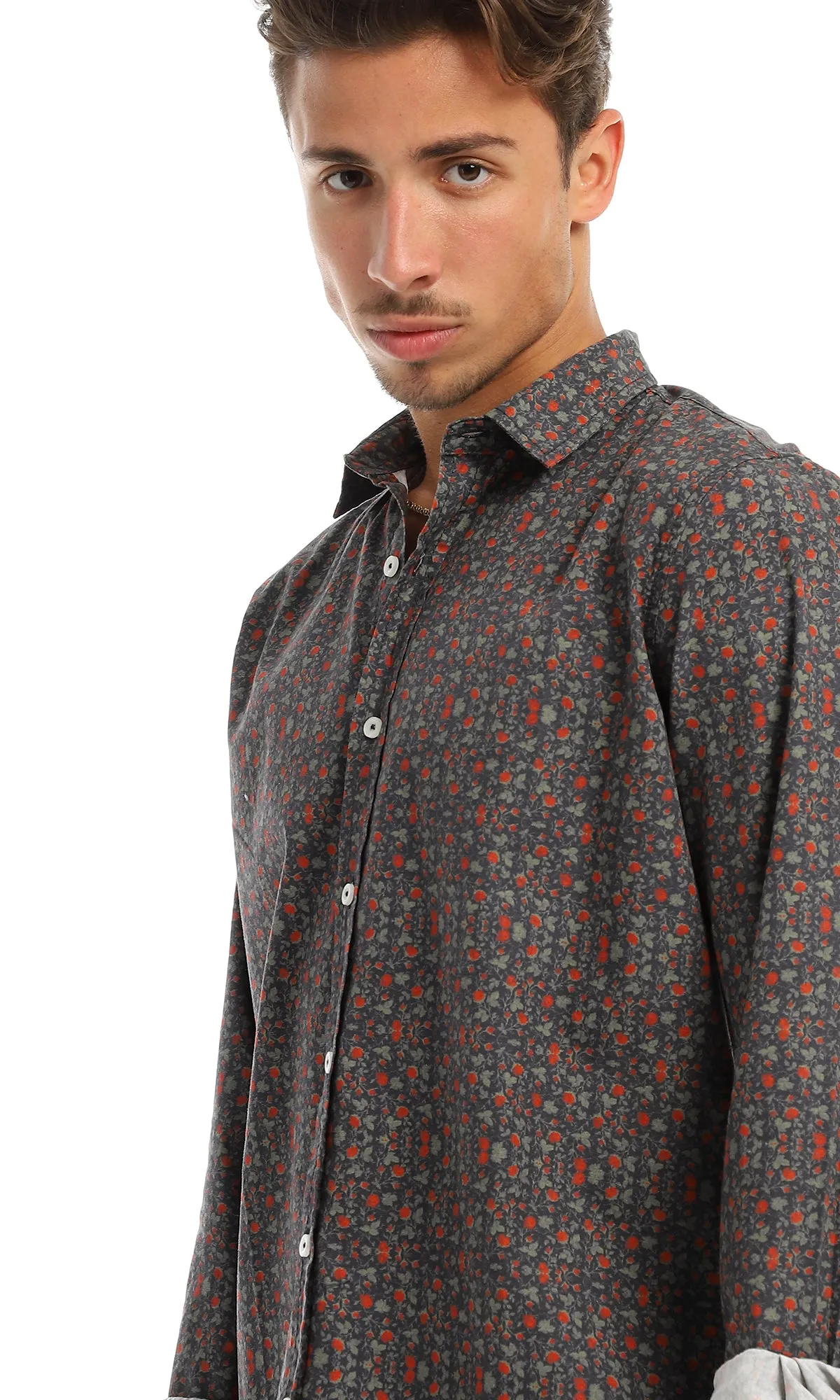 97828 Floral Full Buttoned Classic Collar Navy Blue Shirt