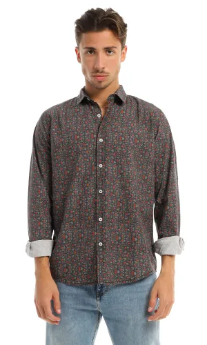 97828 Floral Full Buttoned Classic Collar Navy Blue Shirt
