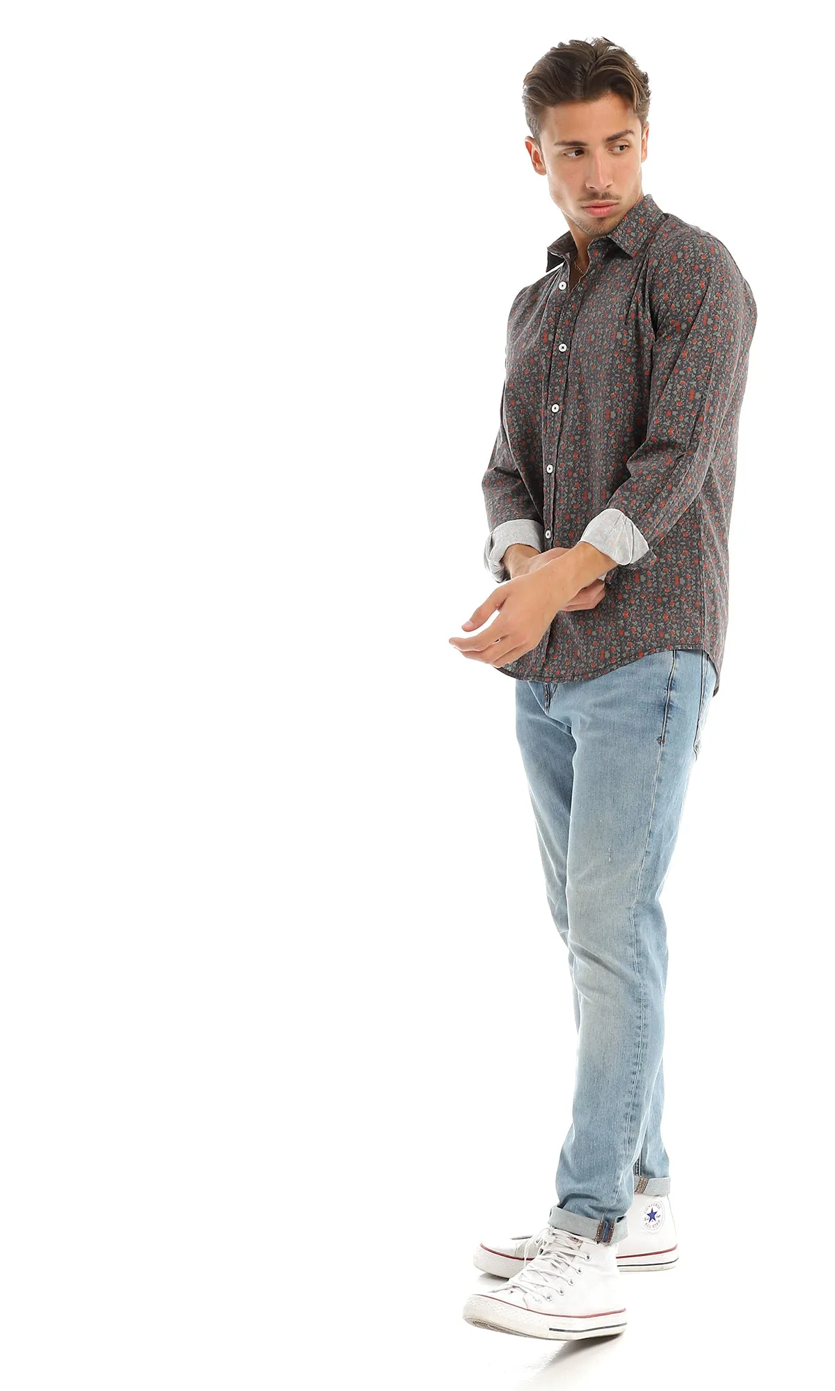 97828 Floral Full Buttoned Classic Collar Navy Blue Shirt
