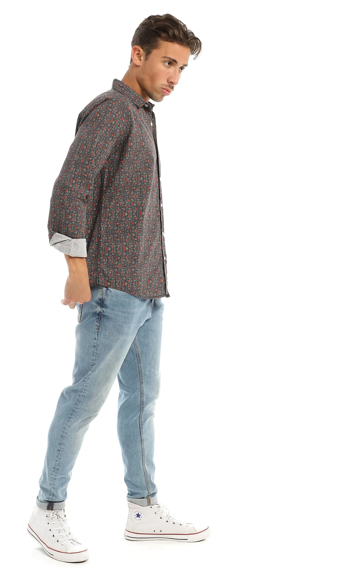 97828 Floral Full Buttoned Classic Collar Navy Blue Shirt