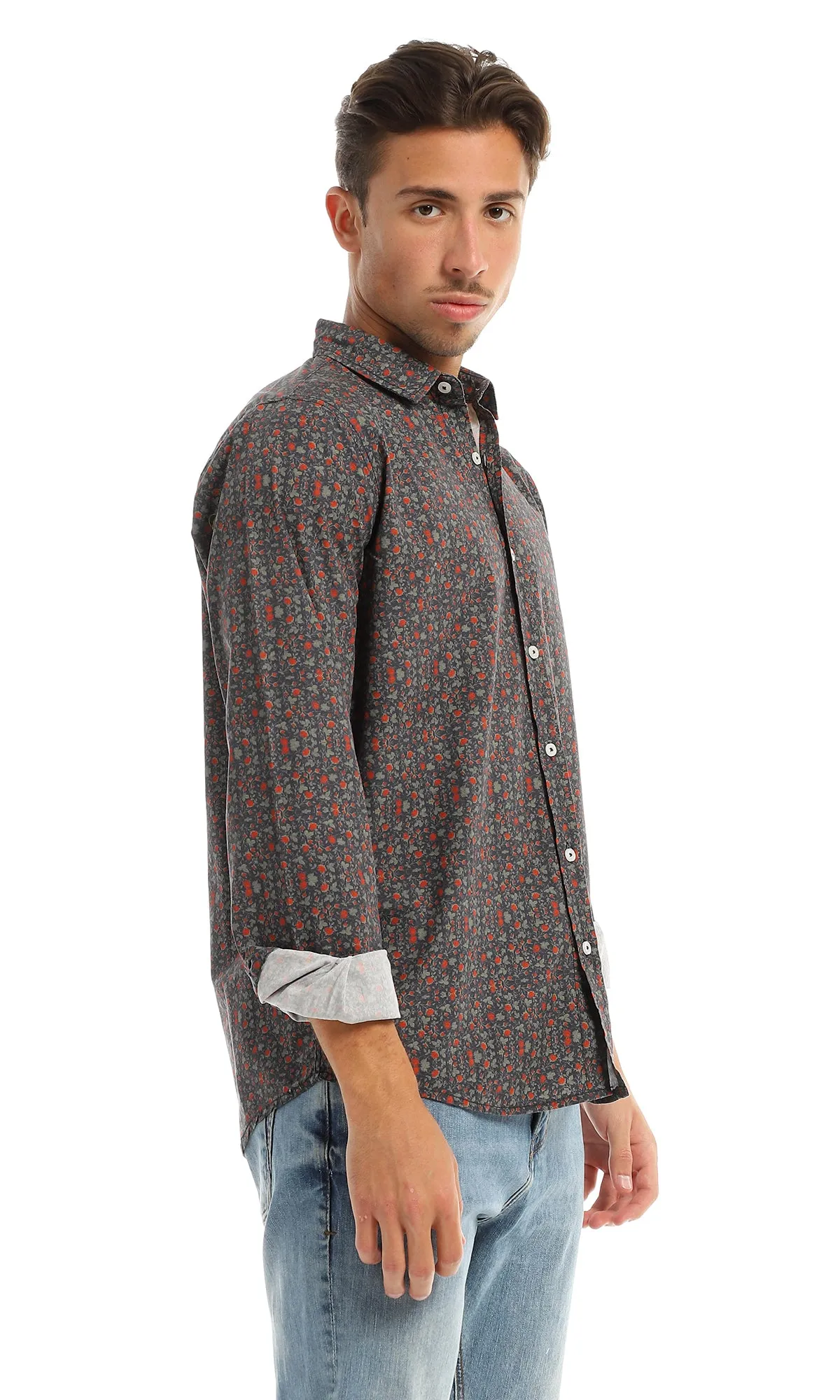 97828 Floral Full Buttoned Classic Collar Navy Blue Shirt