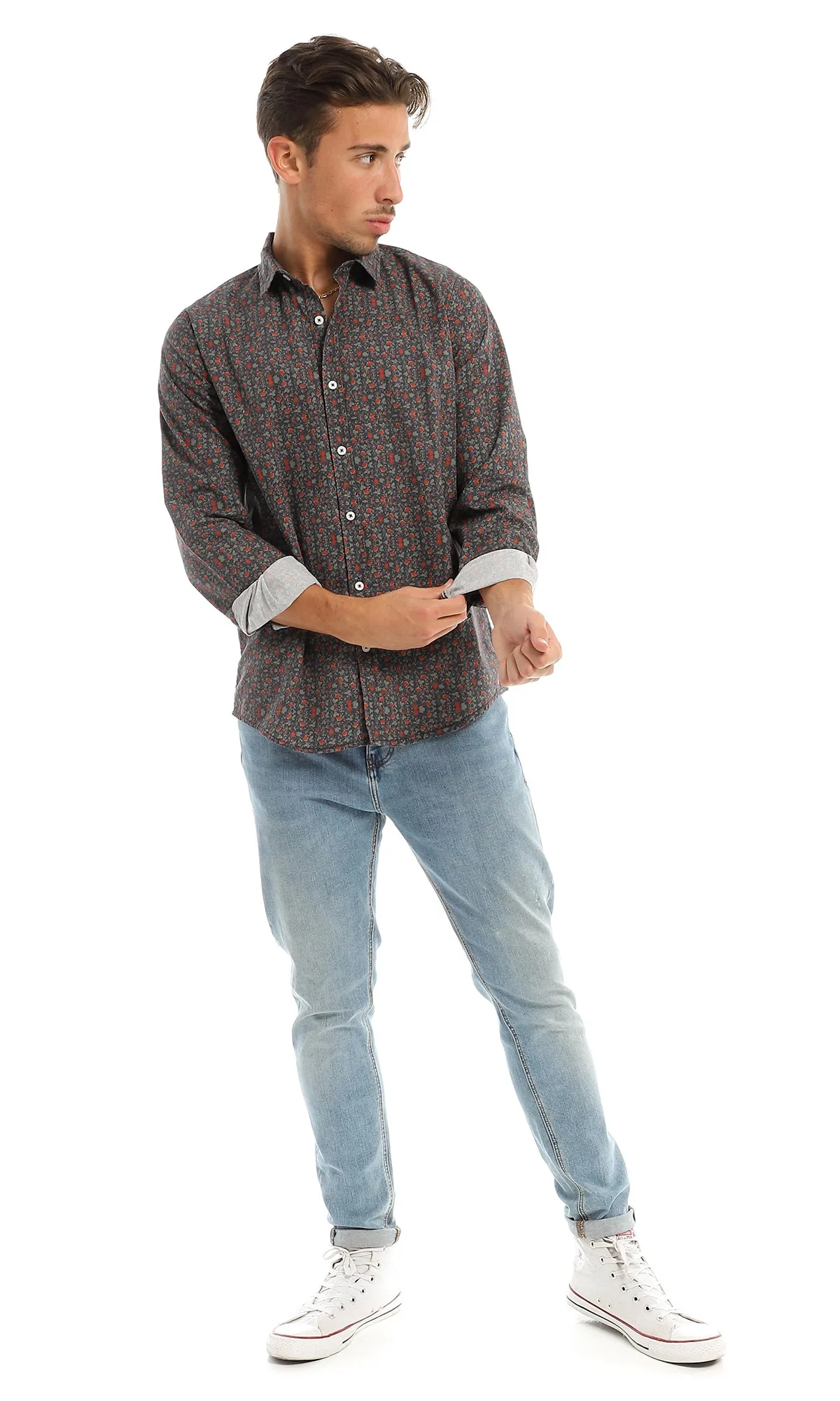 97828 Floral Full Buttoned Classic Collar Navy Blue Shirt