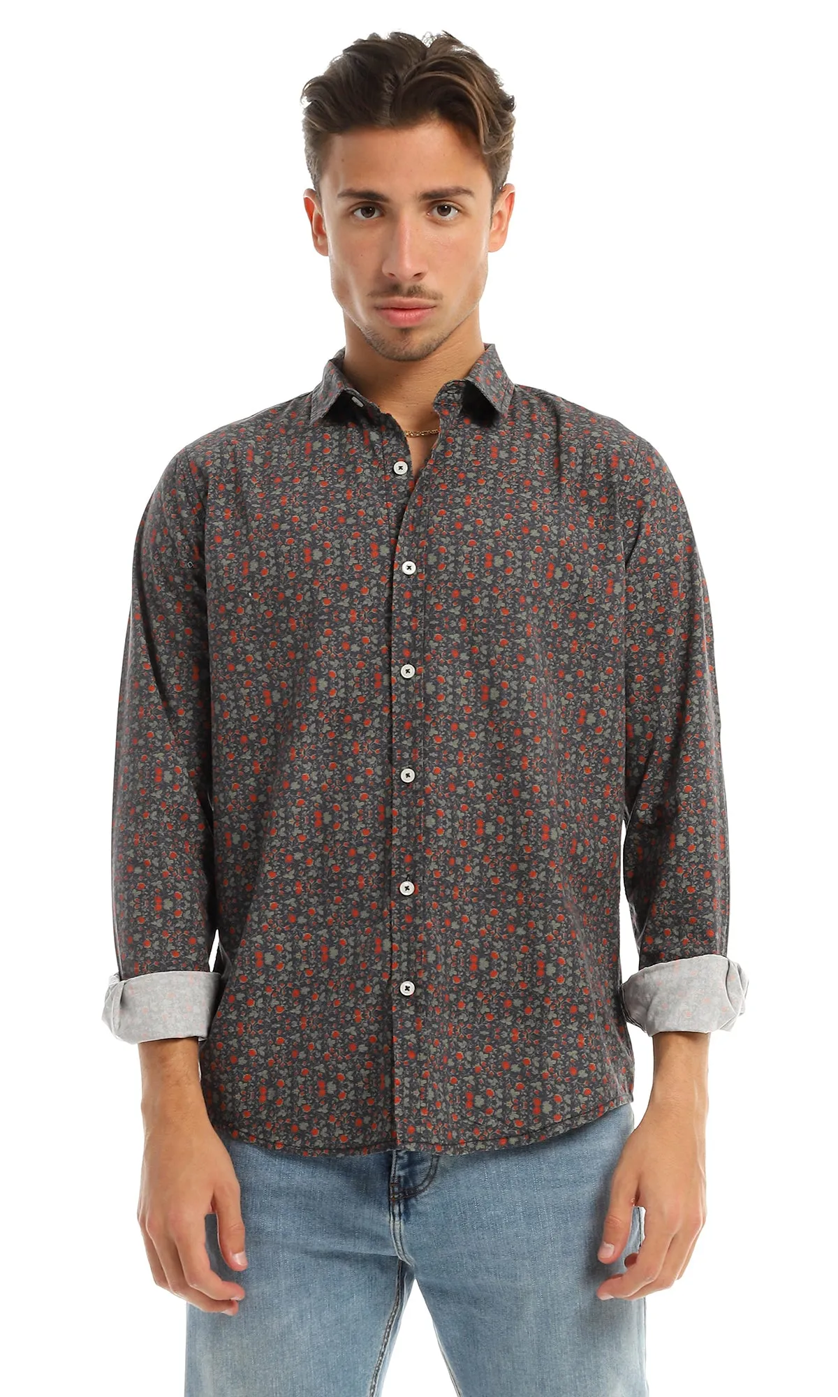 97828 Floral Full Buttoned Classic Collar Navy Blue Shirt