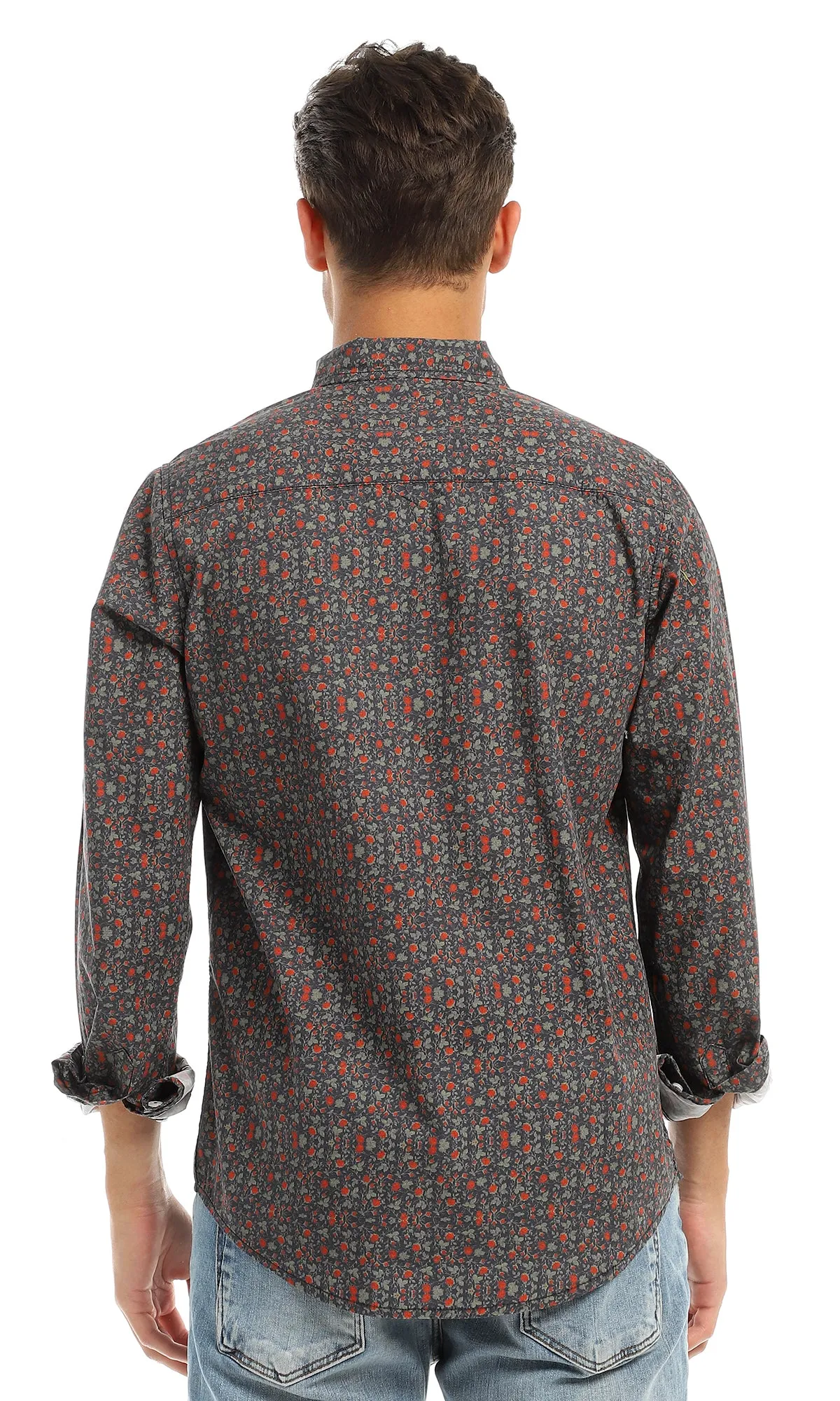 97828 Floral Full Buttoned Classic Collar Navy Blue Shirt