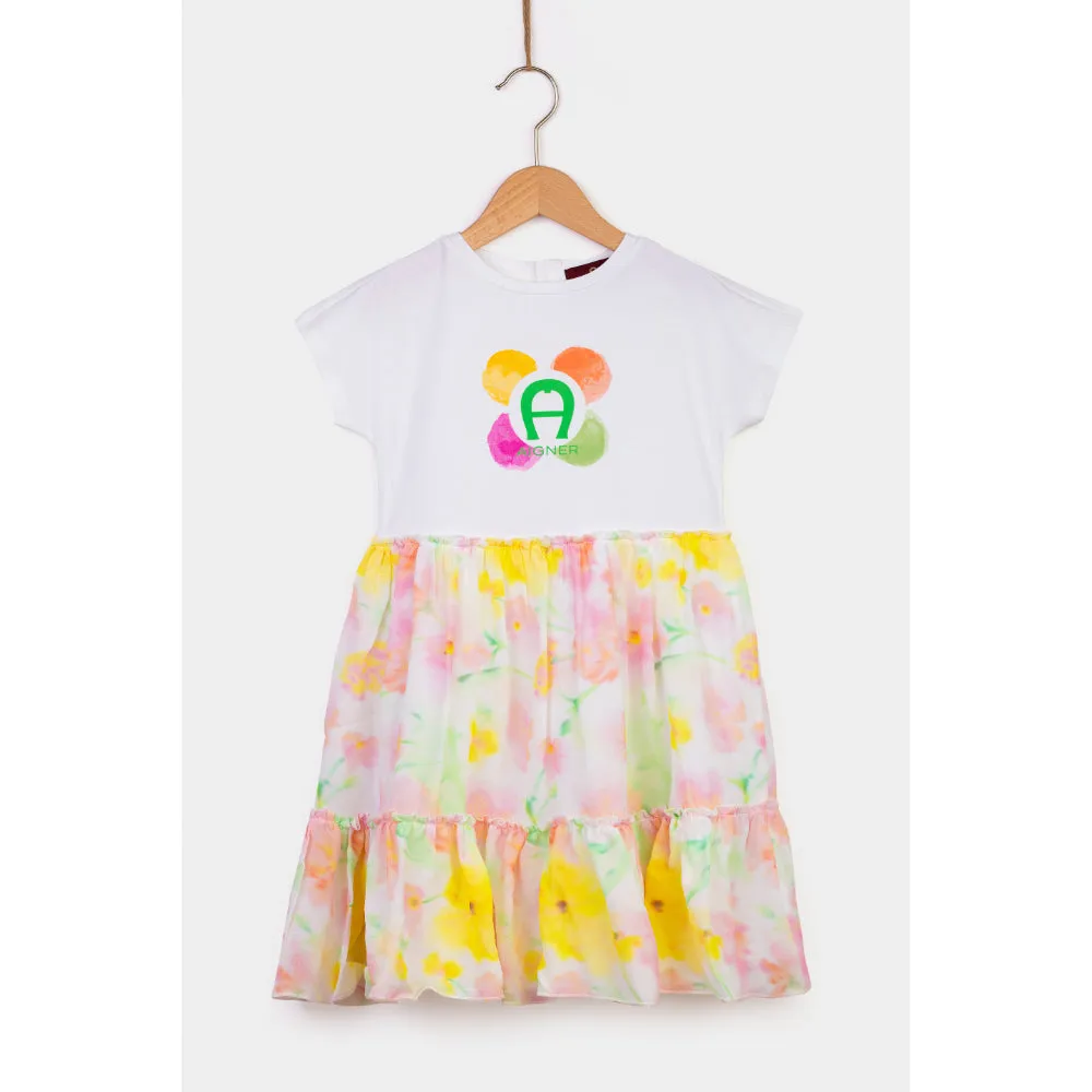 Aigner Kids Bright White Floral and Chiffon Dress