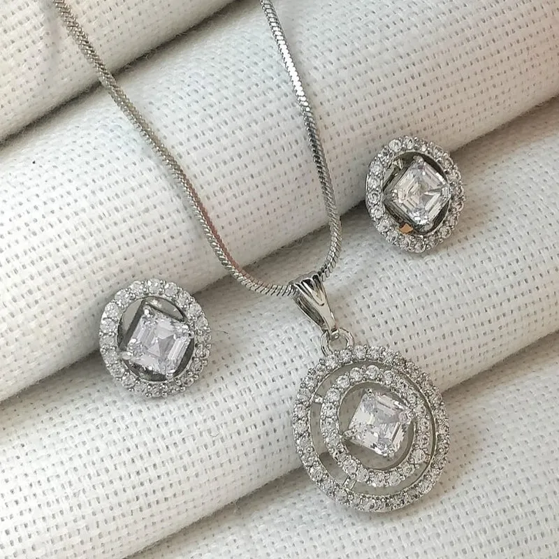 American Diamond Silver Plated Pendant Set With Earrings