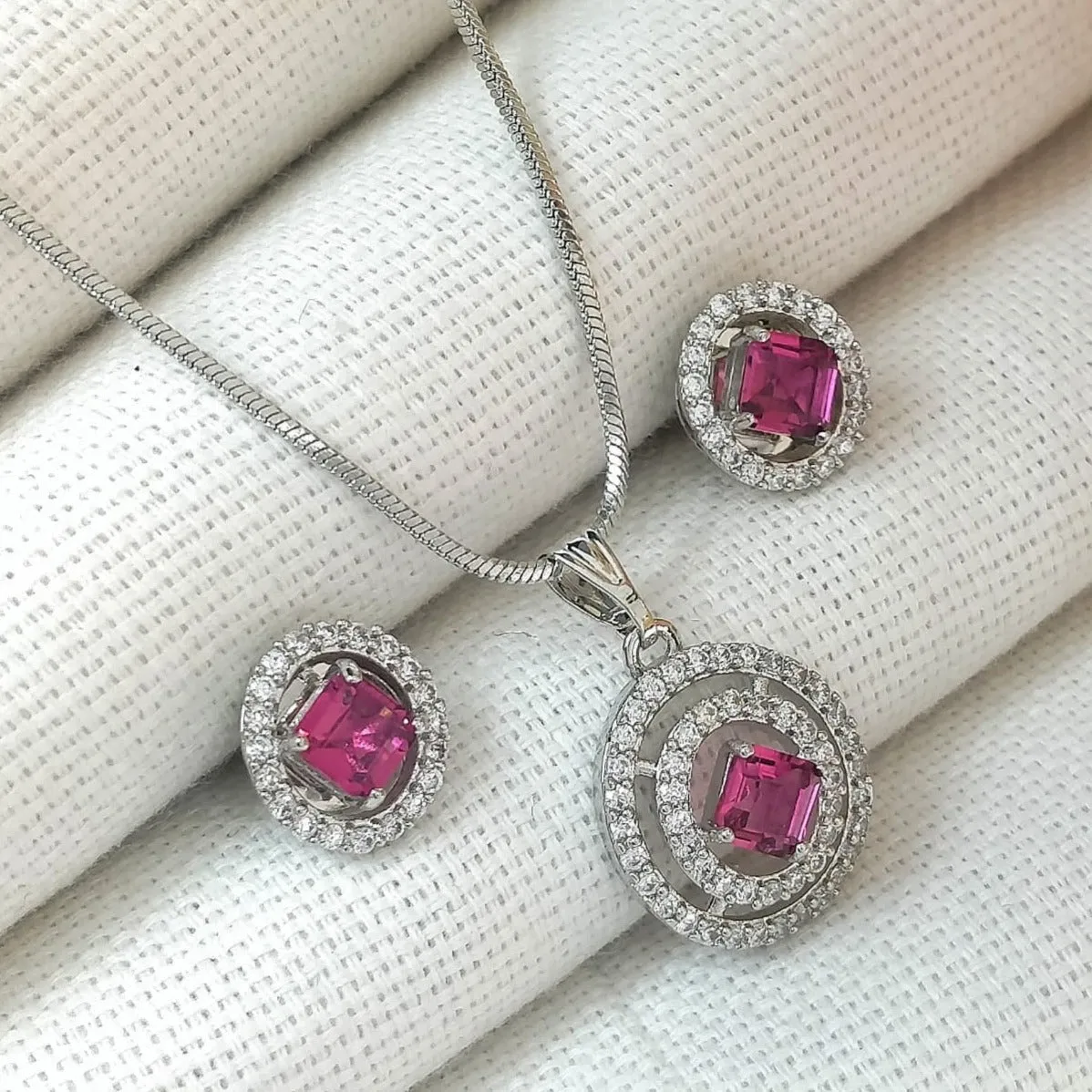 American Diamond Silver Plated Pendant Set With Earrings