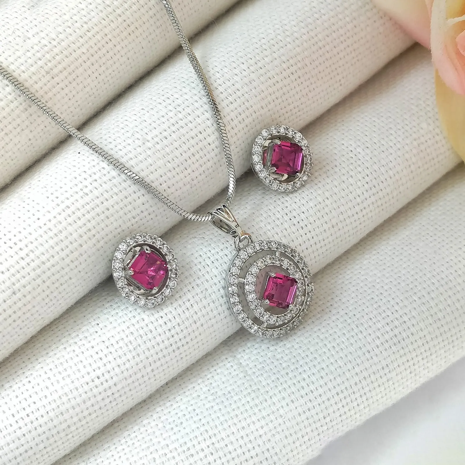 American Diamond Silver Plated Pendant Set With Earrings