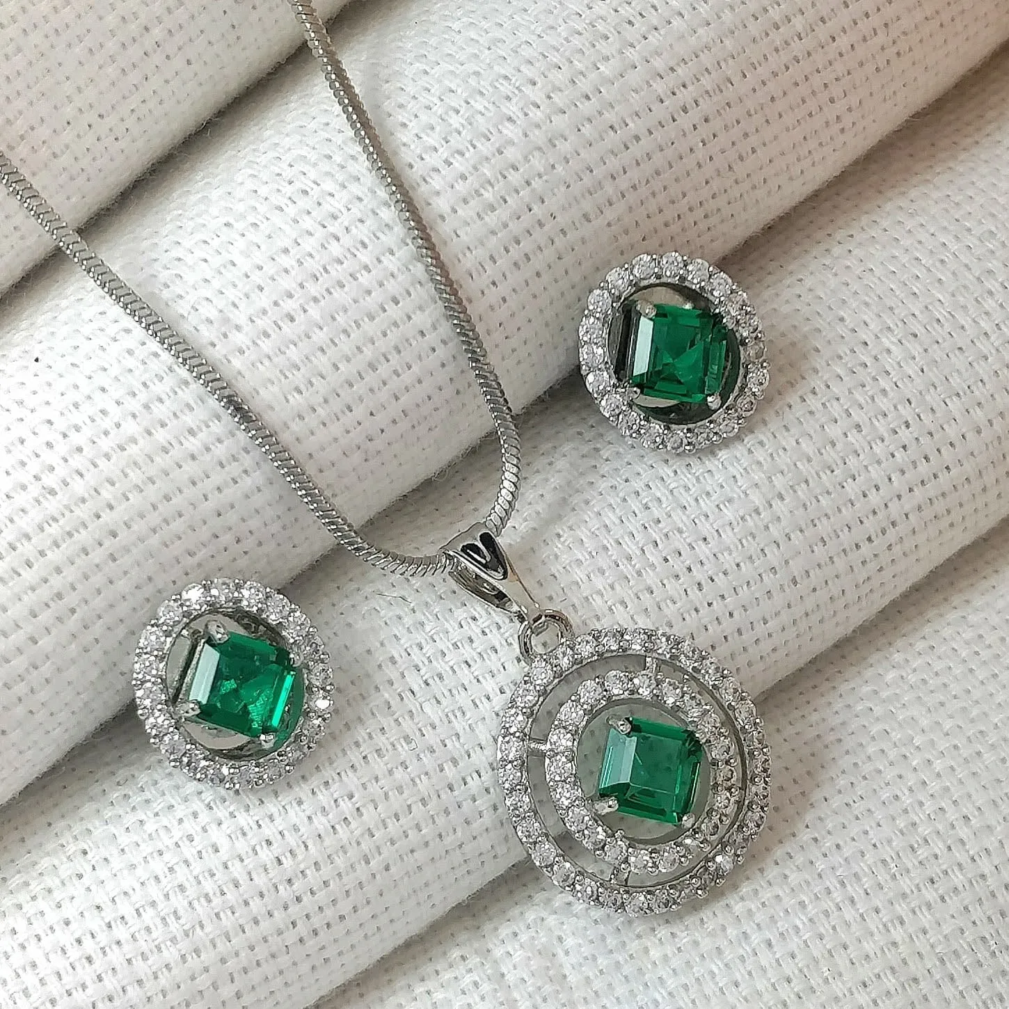 American Diamond Silver Plated Pendant Set With Earrings