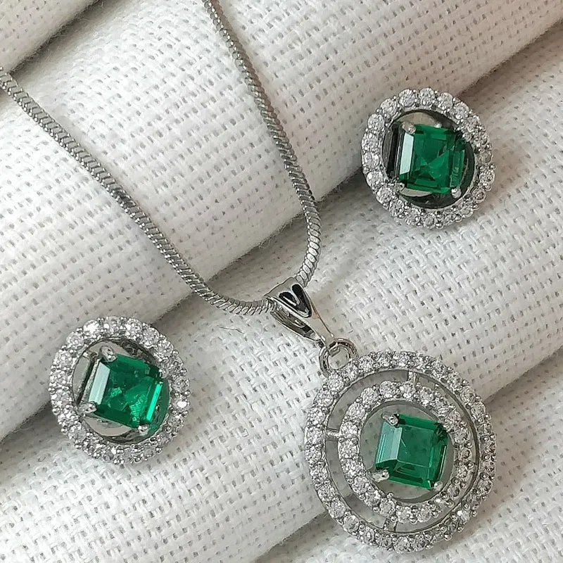 American Diamond Silver Plated Pendant Set With Earrings