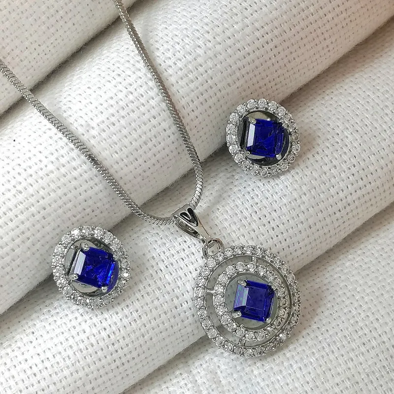 American Diamond Silver Plated Pendant Set With Earrings