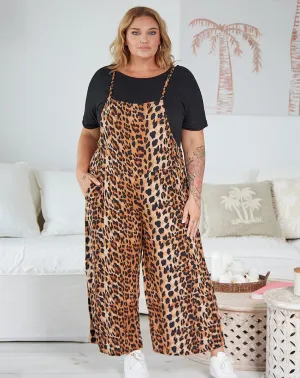 BILLI Caramello Leopard Strappy Overalls Jumpsuit
