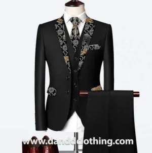 Black 3 Piece 100% Wool Suits For Men Animals