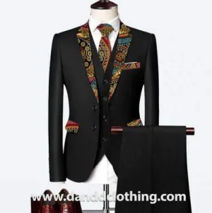 Black 3 Piece 100% Wool Suits For Men Crocodiles