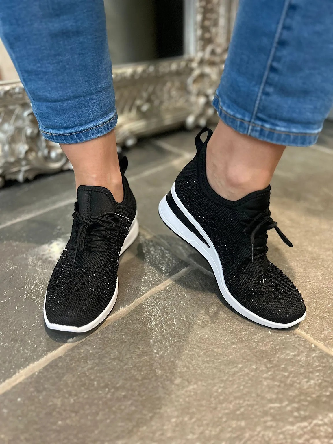 Black Embellished Wedge Trainer