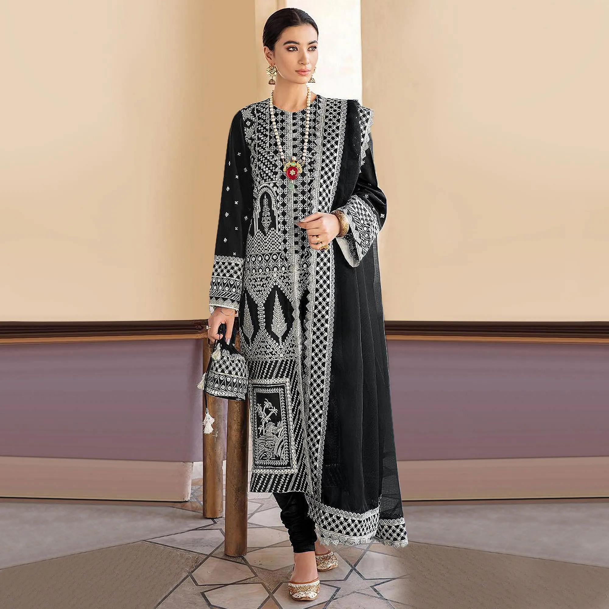 Black Embroidered Georgette Partywear Pakistani Suit