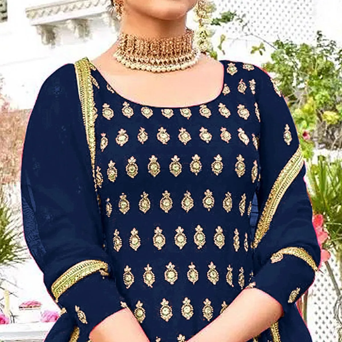 Blue Designer Floral Embroidered Heavy Georgette Partywear Suit