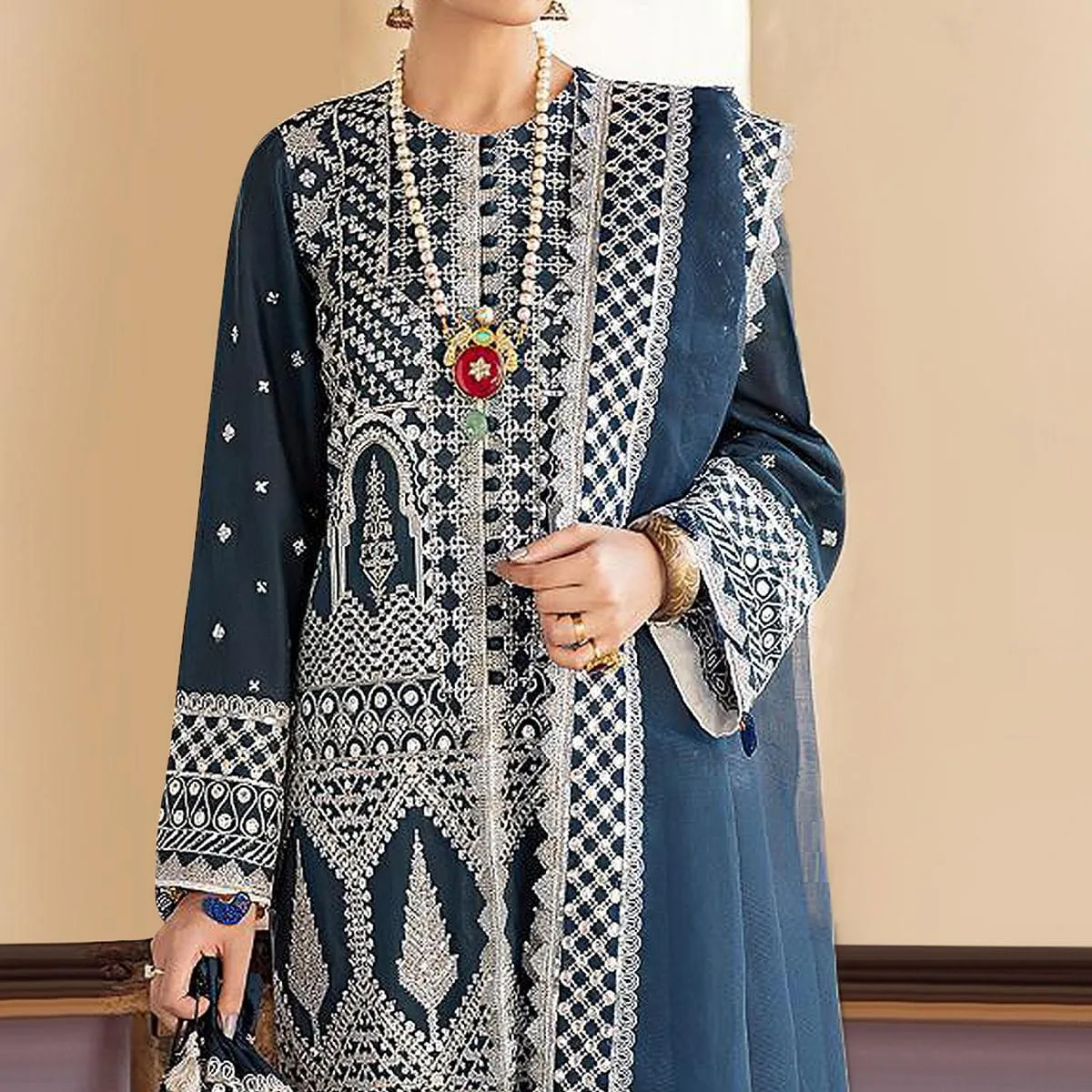 Blue Embroidered Georgette Partywear Pakistani Suit