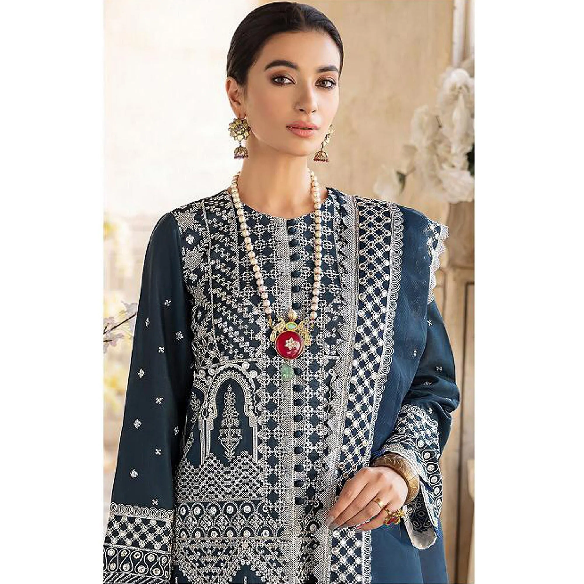 Blue Embroidered Georgette Partywear Pakistani Suit