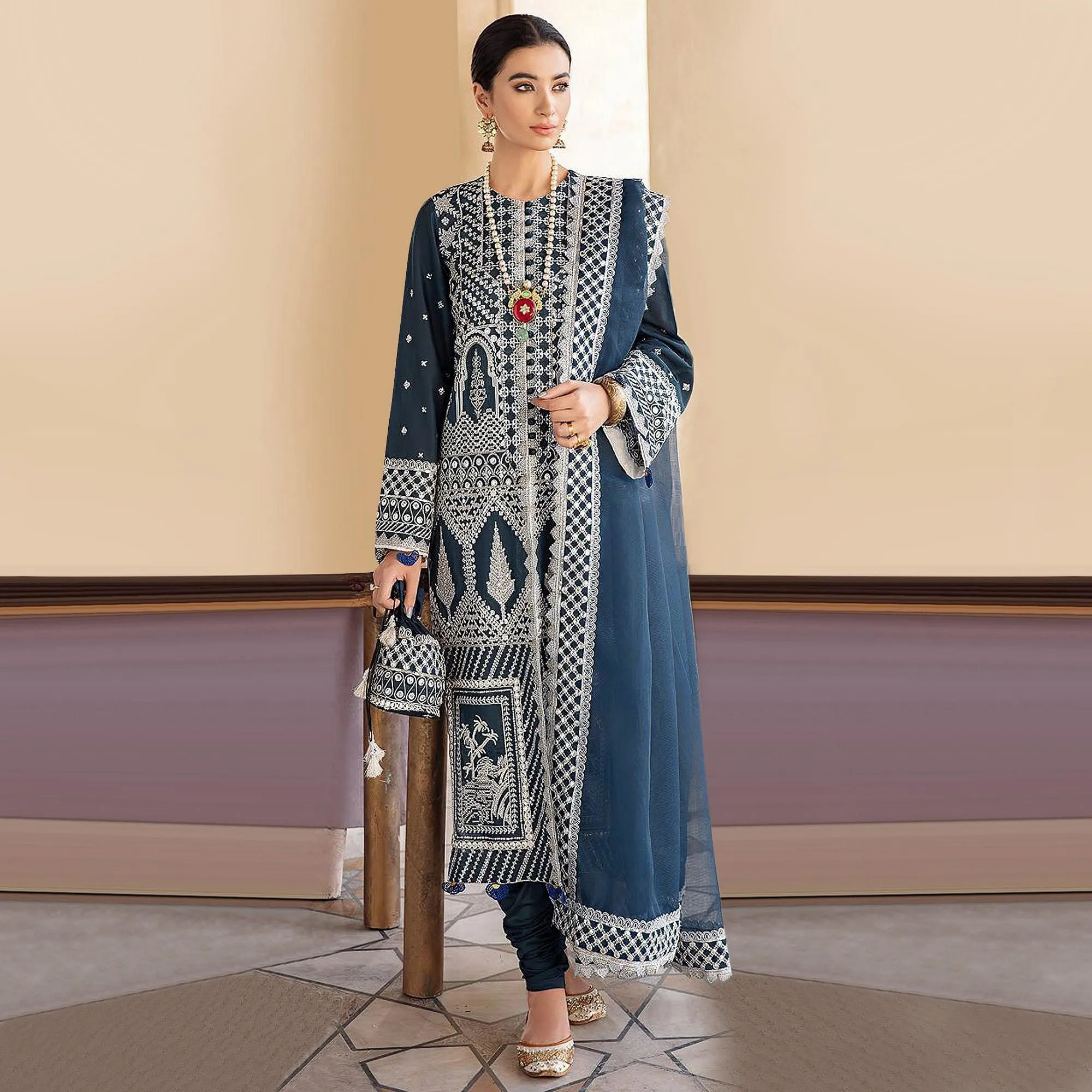 Blue Embroidered Georgette Partywear Pakistani Suit