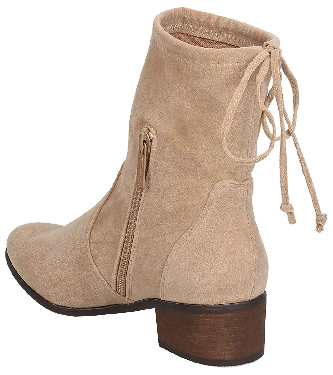 Breckelle's Women's Closed Toe Back Tie Drawstring Mid-Calf Block Heel Boot