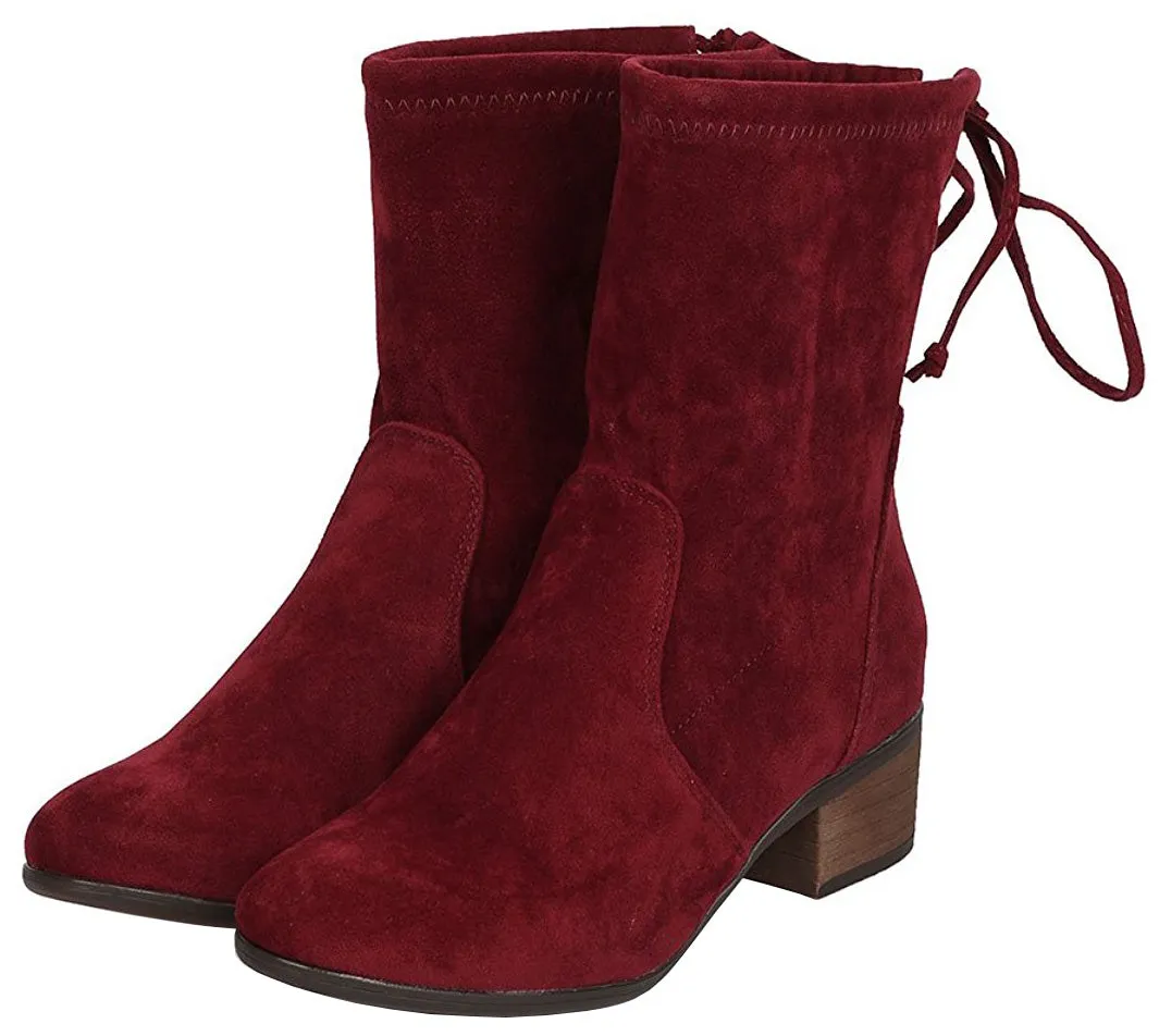 Breckelle's Women's Closed Toe Back Tie Drawstring Mid-Calf Block Heel Boot