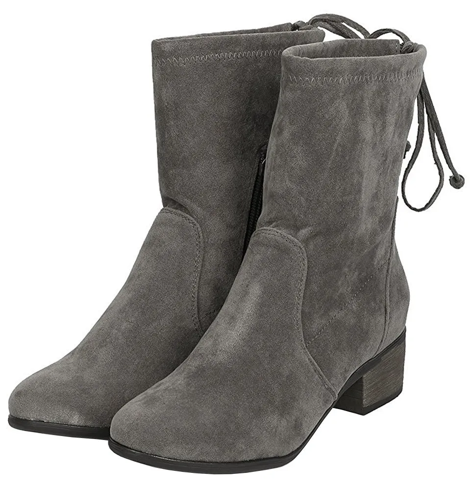 Breckelle's Women's Closed Toe Back Tie Drawstring Mid-Calf Block Heel Boot