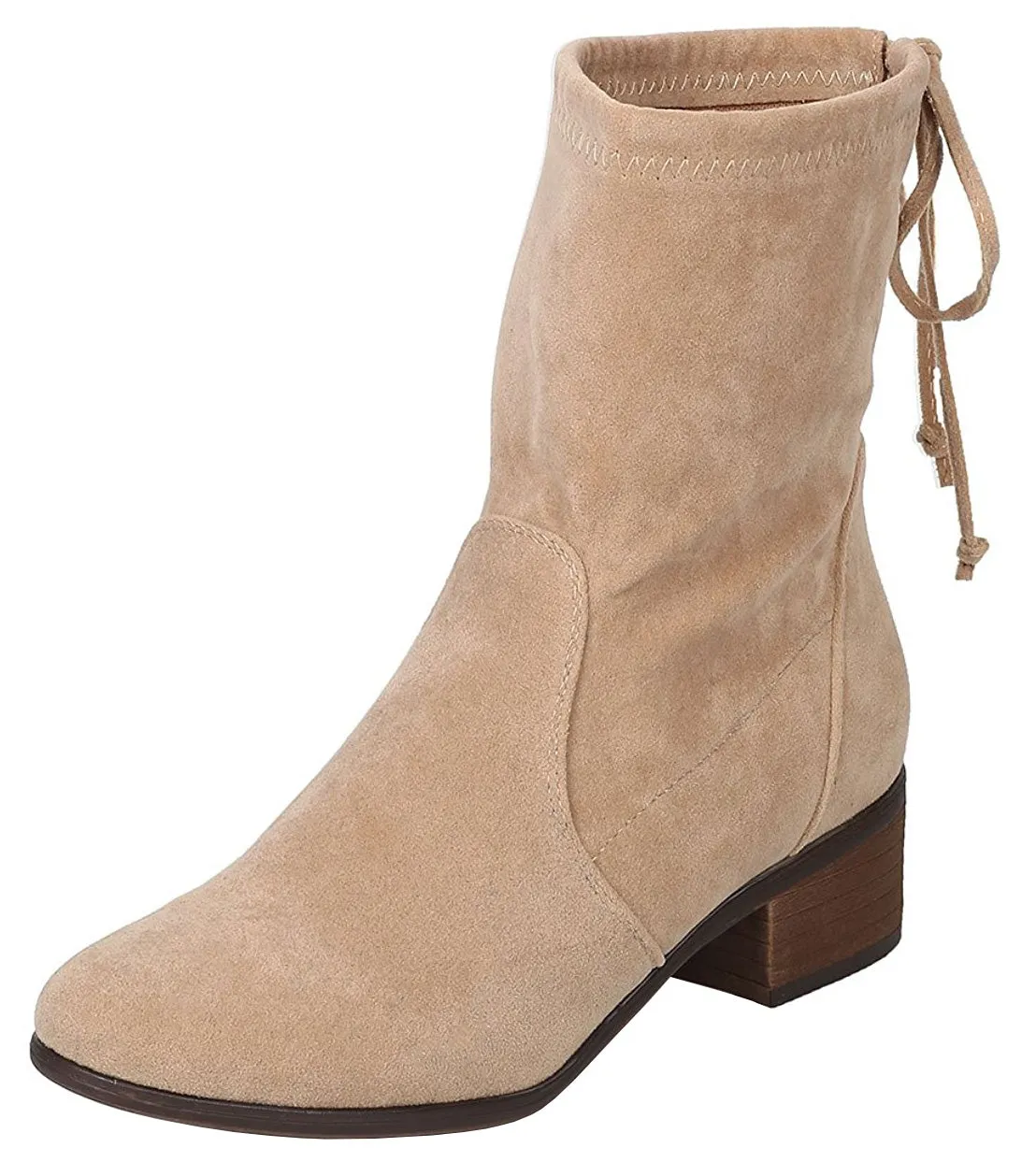 Breckelle's Women's Closed Toe Back Tie Drawstring Mid-Calf Block Heel Boot