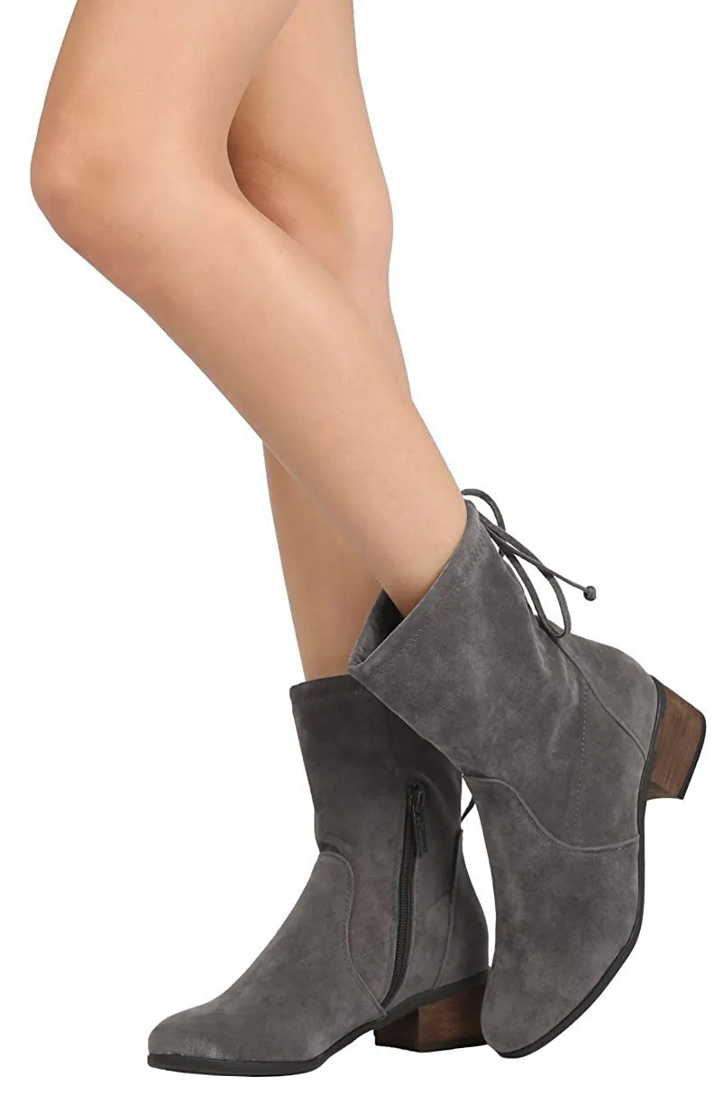 Breckelle's Women's Closed Toe Back Tie Drawstring Mid-Calf Block Heel Boot