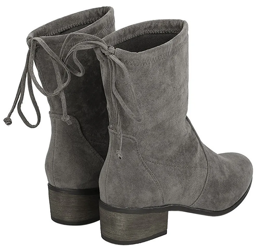Breckelle's Women's Closed Toe Back Tie Drawstring Mid-Calf Block Heel Boot