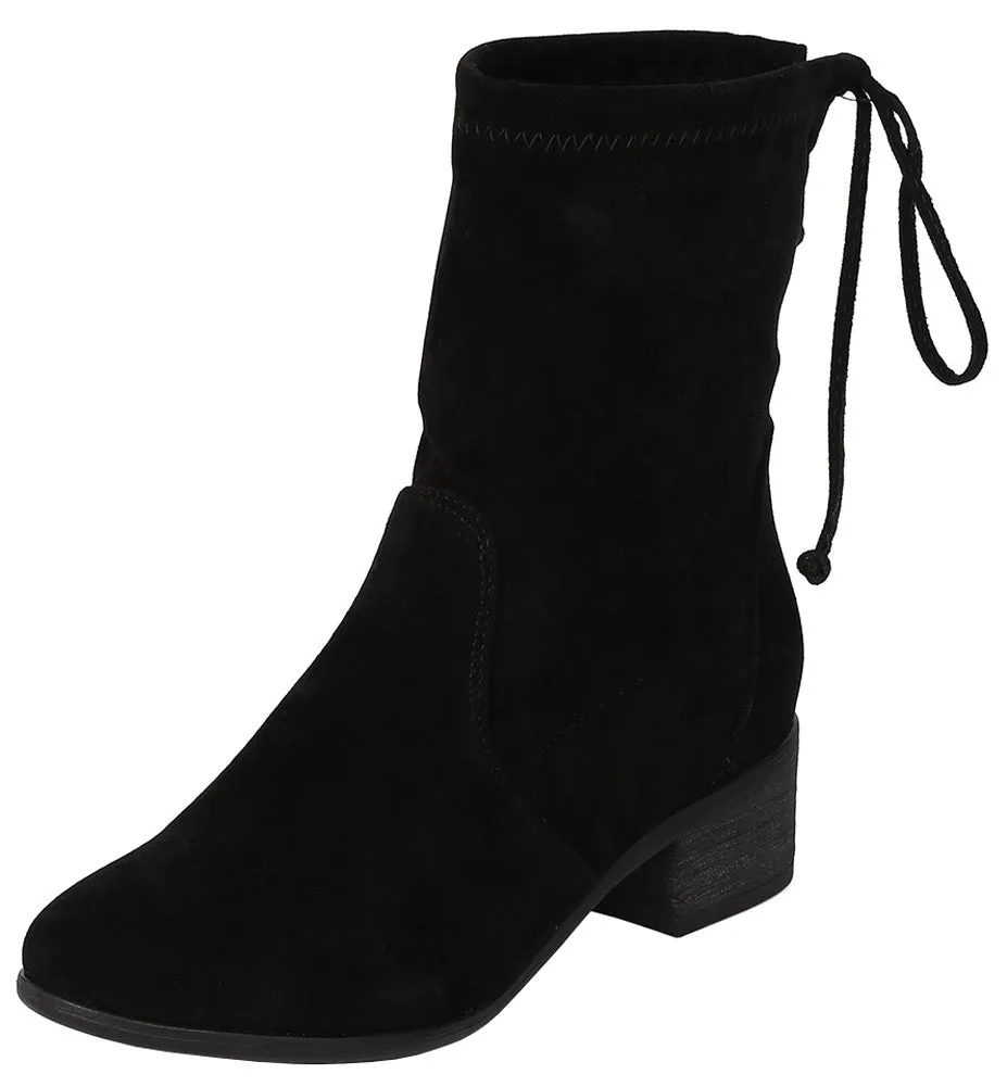 Breckelle's Women's Closed Toe Back Tie Drawstring Mid-Calf Block Heel Boot