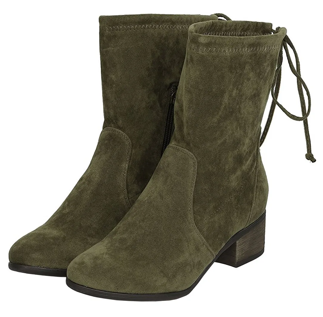 Breckelle's Women's Closed Toe Back Tie Drawstring Mid-Calf Block Heel Boot