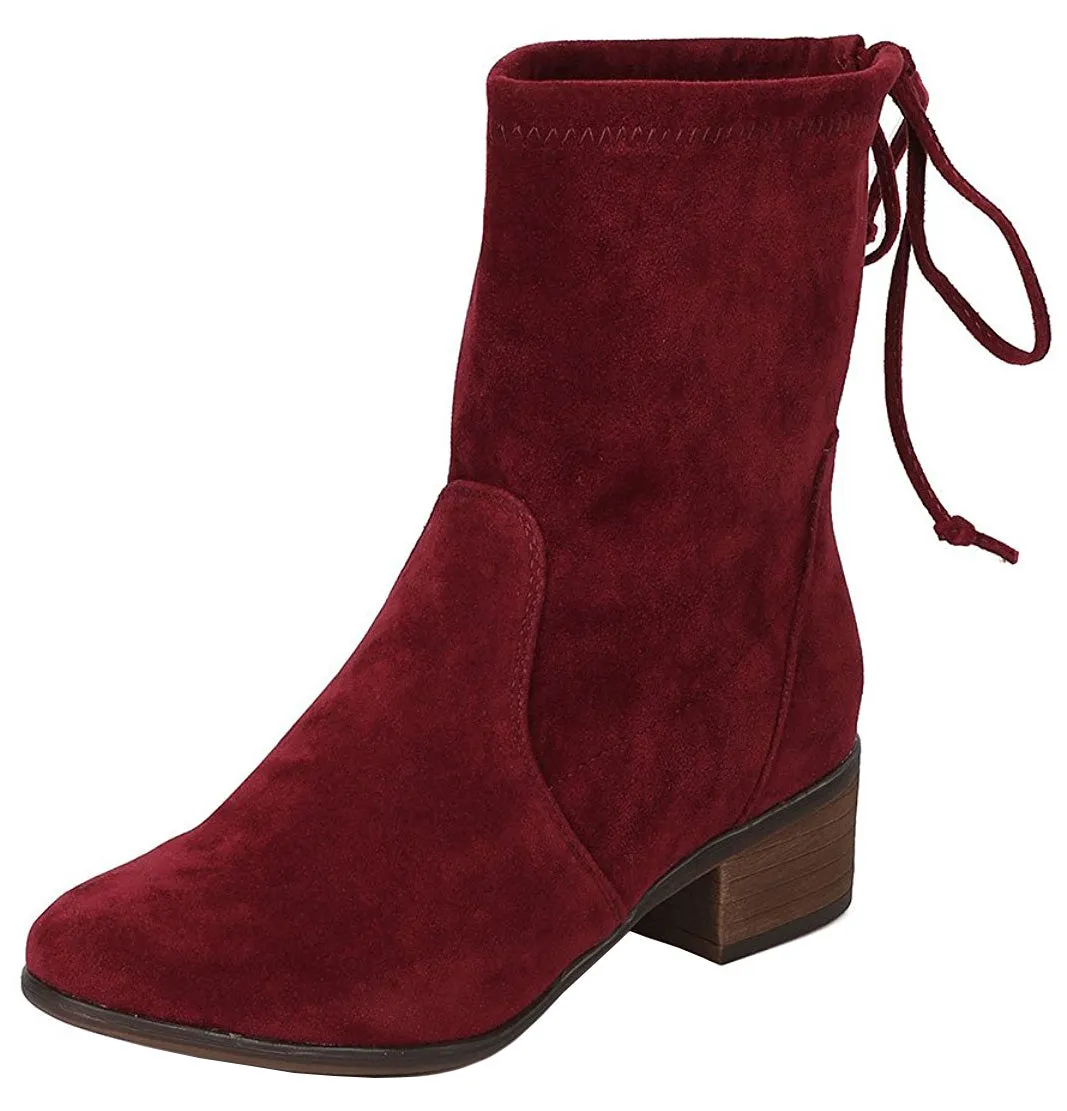 Breckelle's Women's Closed Toe Back Tie Drawstring Mid-Calf Block Heel Boot
