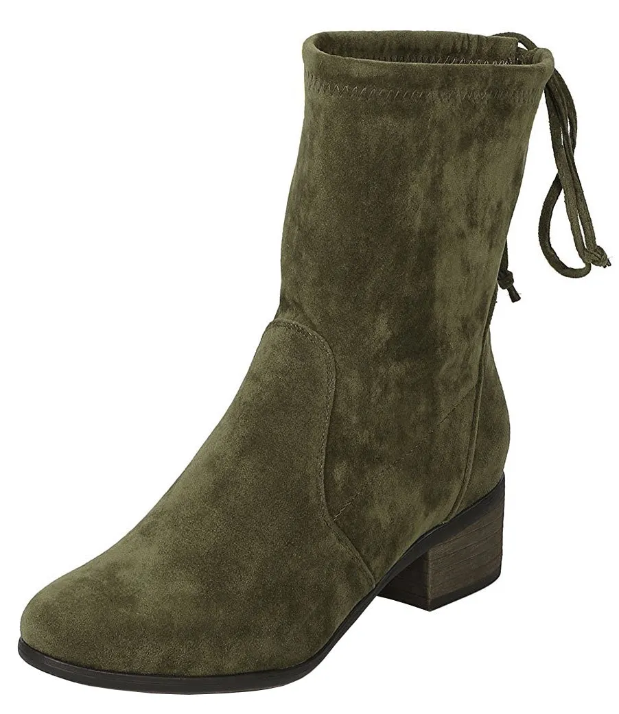 Breckelle's Women's Closed Toe Back Tie Drawstring Mid-Calf Block Heel Boot