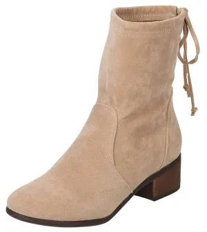 Breckelle's Women's Closed Toe Back Tie Drawstring Mid-Calf Block Heel Boot