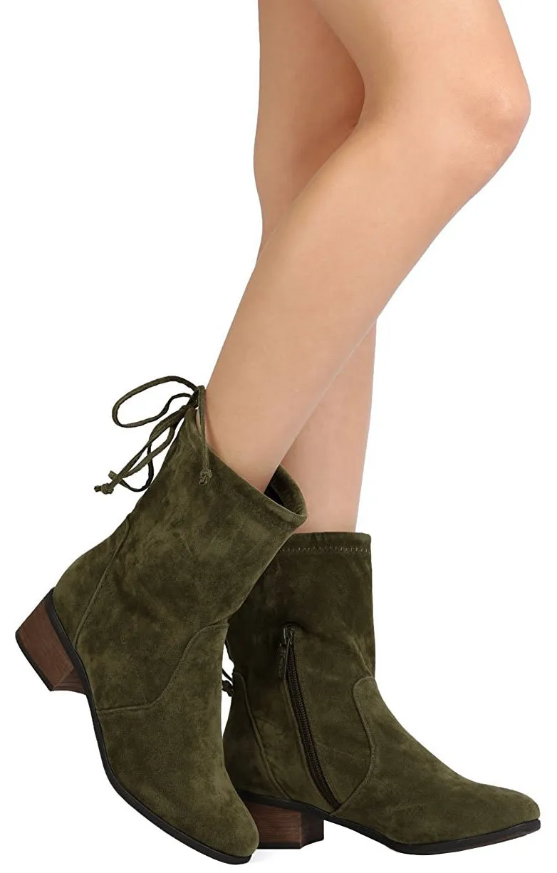 Breckelle's Women's Closed Toe Back Tie Drawstring Mid-Calf Block Heel Boot