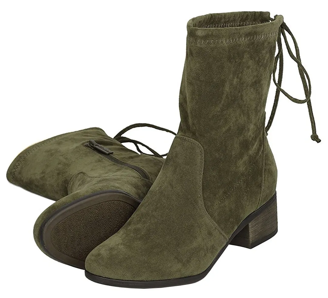 Breckelle's Women's Closed Toe Back Tie Drawstring Mid-Calf Block Heel Boot