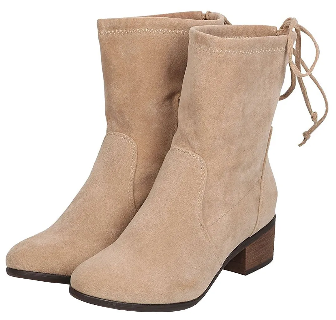 Breckelle's Women's Closed Toe Back Tie Drawstring Mid-Calf Block Heel Boot