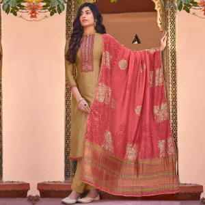 Brown Festive Wear Embroidered Viscose Cotton Silk Salwar Suit