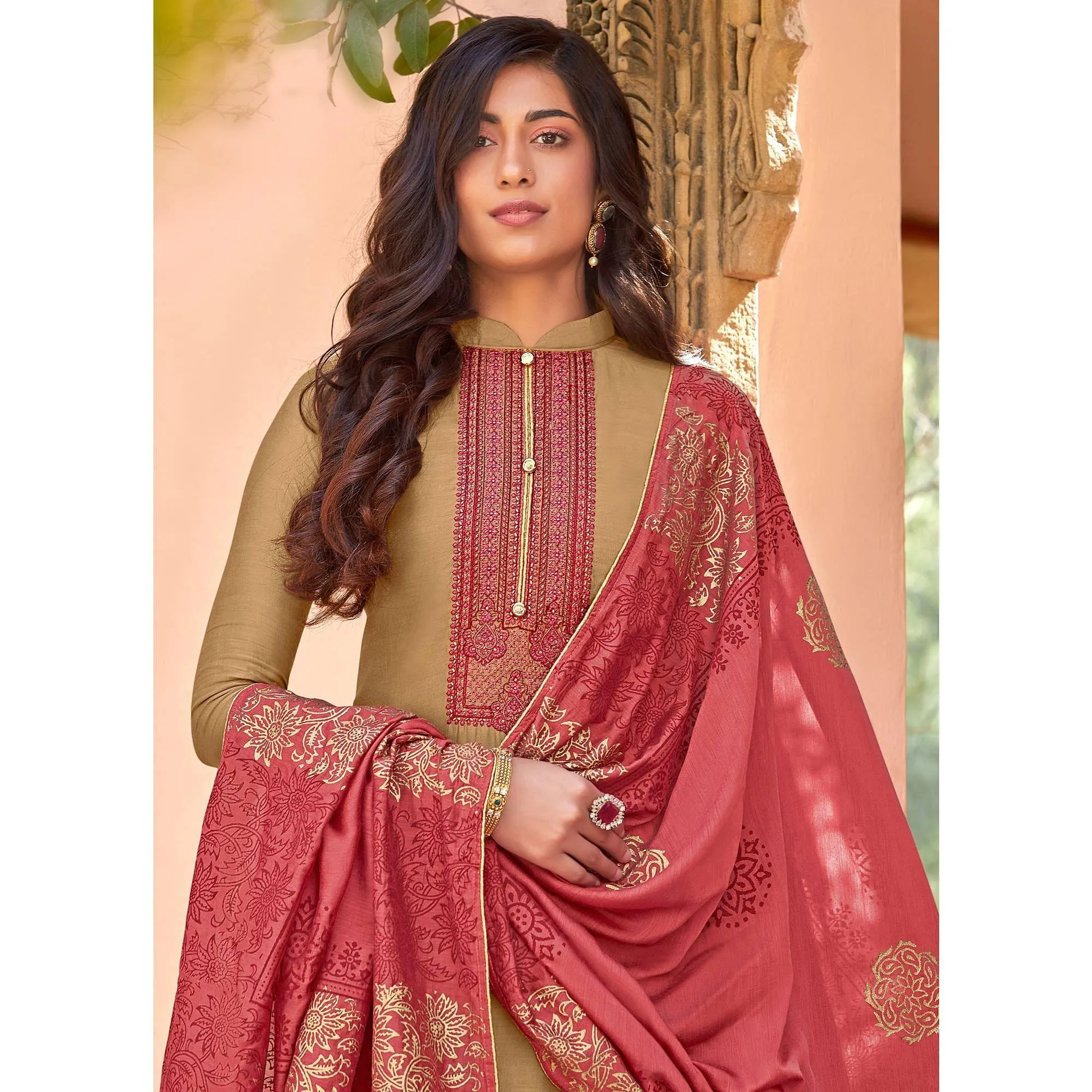 Brown Festive Wear Embroidered Viscose Cotton Silk Salwar Suit